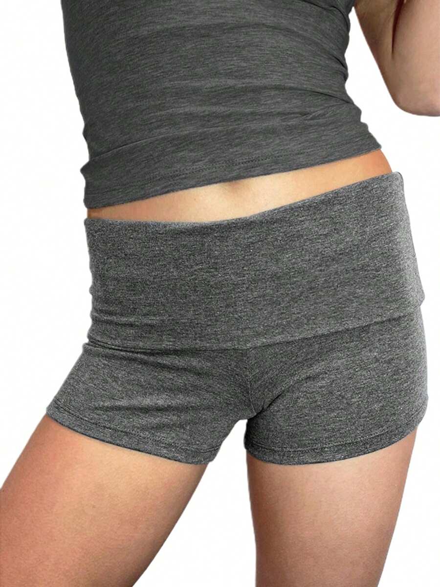 Womens Fold Over Shorts Elastic Waist Y2k Lounge Shorts Foldover Cute Pajama Micro Bottoms Mini Shorts Sleepwear - Màu xám đen - Xem 1