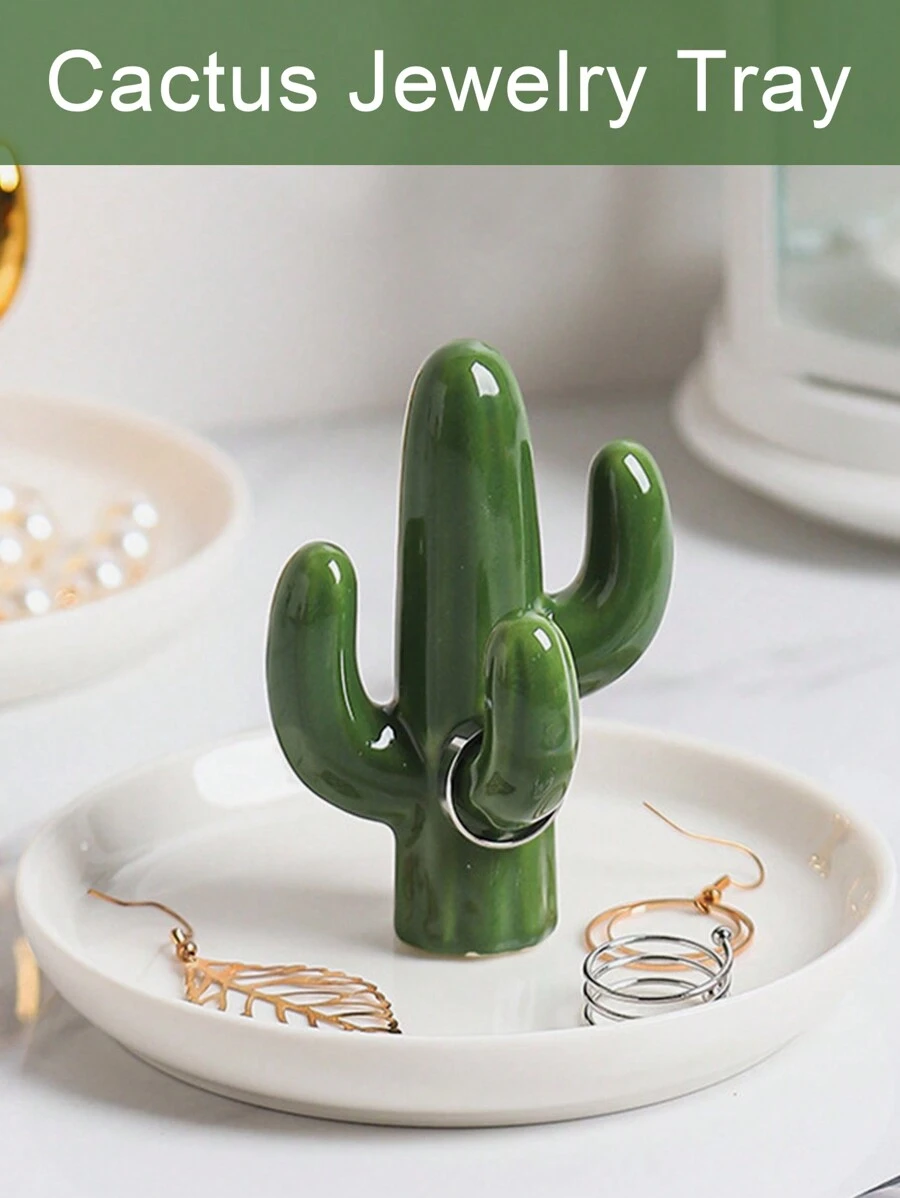 陶瓷仙人掌戒指架，配白色装饰盘，可放置珠宝，适合女性圣诞节生日礼物