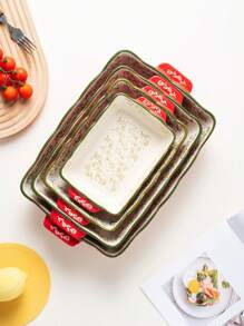 Loyang Keramik Motif Bunga Vintage Merah yang Dilukis Tangan dengan Pegangan, Peralatan Masak Persegi untuk Dapur, Cocok untuk Salad, BBQ, Ayam Panggang, Kue, dan Pizza, Aman untuk Oven dan Microwave - Merah - View 3