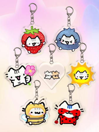 1pc Acrylic Cute Cat Keychain: Strawberry Cat, Blueberry Cat, Flower Cat, Love Couple, Sun Cat, Bee Cat, Polka Dot Cat, Cute Charm, Car Keyring. Everyday Bag Accessory, Bag Charm, Lanyard, Key Holder. Ideal For Boyfriends, Girlfriends, Family Members, Doctors, Nurses, Party Gifts, Cell Phone Decorations, And More, Christmas Gifts. Bag Charms Car Teacher Sister Gift Ideas