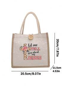 1PC Print Theme Tote Bag, Simple And Elegant, Convenient Travel Storage Bag,Christian Themed Tote Bag , Large Capacity Travel Handbag, Multi-Functional Flower Lettering Printed Bags,Linen Handbags,For Personal Travel Cosmetics, Shopping Bags, Large-Capacity Storage Bag