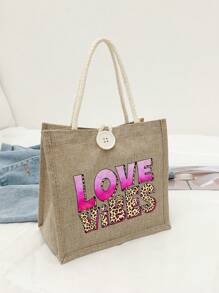 Love Themed Leopard Print Handbag, Love Vibes Letter Pattern, Reusable Printed Women's Handbag, Double Handle Shopping Backpack, Large Capacity Shoulder Bag, Casual Handbag, Christmas Storage Bag, Suitable For Commuting, School And Shopping, Convenient For Outdoor Use, Perfect For Gifting To Friends And Family, Teachers, Holidays And Festivals, Valentine's Day Gift