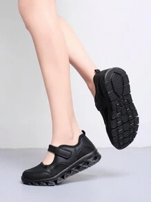 女士低帮平底鞋，2025新款透气网面皮革拼接休闲鞋，魔术贴轻便舞蹈鞋，护士鞋，妈妈鞋，软底防滑厚底运动鞋，春夏秋季 - 黑色 - 查看 4