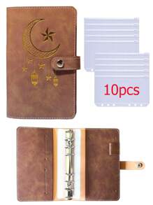 1pc Soft PU Leather Binder Notebook With Cash Budget Loose-Leaf Organizer, Printed With Lucky Patterns Like Star, Moon, Lantern, With 10 Zipper Pockets,Back To School,School Supplies