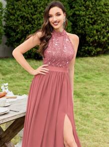 MIUSOL 露背亮片刺绣蕾丝开叉大腿正式派对长裙，女士优雅派对礼服，正式晚礼服，舞会礼服，适合婚礼嘉宾、返校节、晚宴