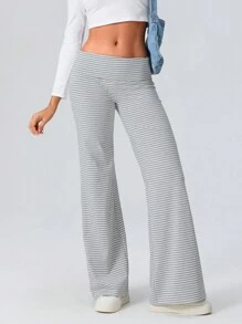 Women Elastic Wide Leg Pants Casual Cute Striped Print Folded Waist Trousers For Work Office Streetwear - Light Grey - View 5