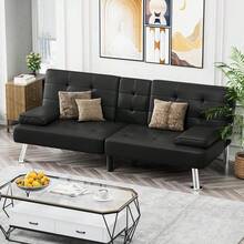 Futon Sofa Bed, Leather Futon Couch With Removable Armrests, Adjustable Recliner Sleeper Sofa Bed With Dual Cup Holders For Living Room, Apartment, Office (Black) - màu đen - Xem 8