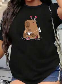 Coffee Swing Cute Capybara 100% Cotton Crew Neck T-Shirt-Perfect For Animal Lovers Plus Size Cotton Casual Soft Comfy  T-Shirt For Women - Black - View 1