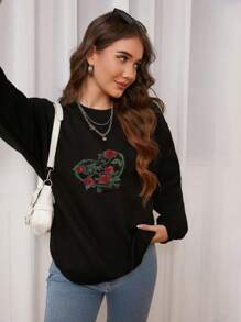 Winter Pullovers Sweatshirt Women LOVE Rose Printed Casual Thermal Hoodies Female Tops Blouses Clothes Oversized US
