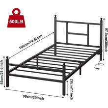 Twin Bed Frame With Charging Station, Metal Bed Frame With Port And Outlet, Black - Black - View 2