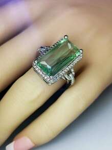 1枚时尚橄榄绿长方形宝石戒指，夸张个性化欧美风格珠宝 - 款式2 - 查看 8