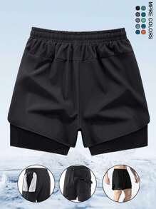 Men's Fashion Printed Shorts With 2 In 1 Design And Pockets, Summer Outdoor Sports Drawstring Shorts