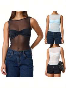 Women's Sheer Mesh Tank Tops Sleeveless Round Neck Solid Color Slim Fit Ruched Vest - Negro - Ver 3