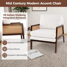 Harmijoy Mid Century Modern Accent Chair Living Room Armchair W/ Rattan Arms Wooden Frame