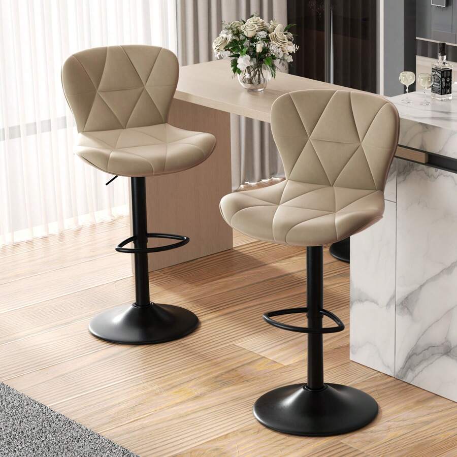 Nalupatio Barhocker 2er Set, Barstuhl Höhenverstellbar mit Rückenlehne, Höhenverstellbar, 360° Drehbar, Kunstleder, für Esszimmer Heimbar Kücheninsel, 2 x Hocker,Khaki - Kamelfarben - Übersicht 1