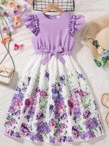 Tween Girls Ruffle Trim Patchwork Digital Printed Cinched Waist Waist Dress - Purple - View 3