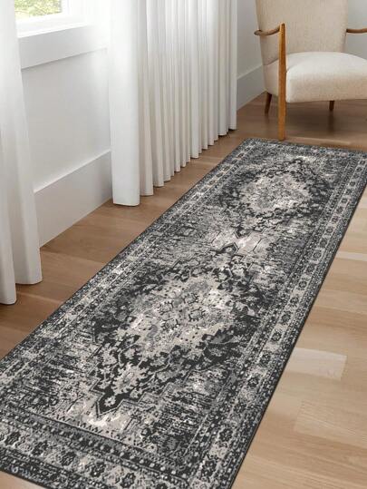 1pc Vintage Moroccan Style Carpet, Polyester Fiber Rectangular Printed Bohemian Area Rug, Machine Washable Easy Care, Suitable For Hallway, Kitchen, Bedroom, Laundry Room, Living Room, Entryway Decoration