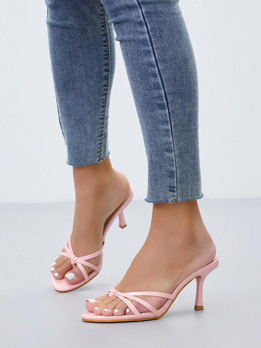 春夏女士高跟踝带凉鞋，尖头，透气PU材质，性感派对鞋，粉色 - 粉色 - 查看 1