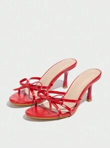 Damen Riemchen High Heel Sandaletten mit offenem Zehenbereich, transparentes Design, Schleifendekor, sexy Party-/Hochzeitsschuhe, rot - Rot - Übersicht 5