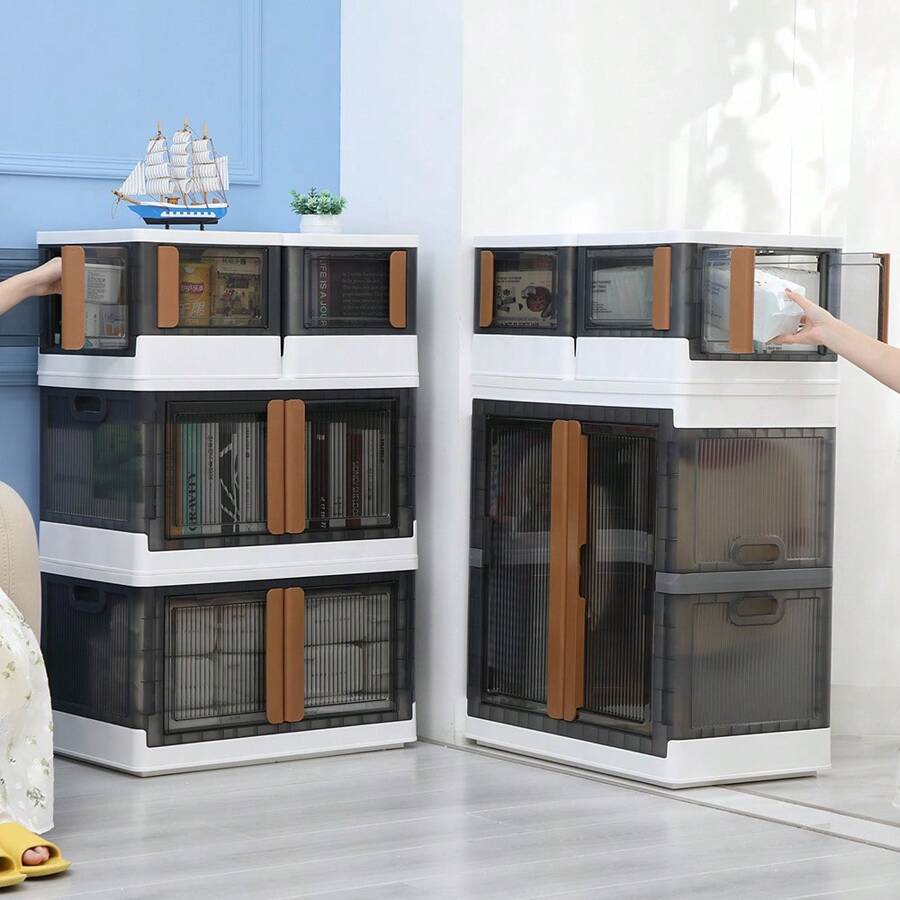 HAIXIN Plastic Storage Containers, Stackable Closet Organizers And Storage, Folding Bookshelf For Bedroom,  Collapsible Laundry Organizer, Storage Containers With Doors And Wheels For Home, Office, Dorm - 黑與白 - 查看 1