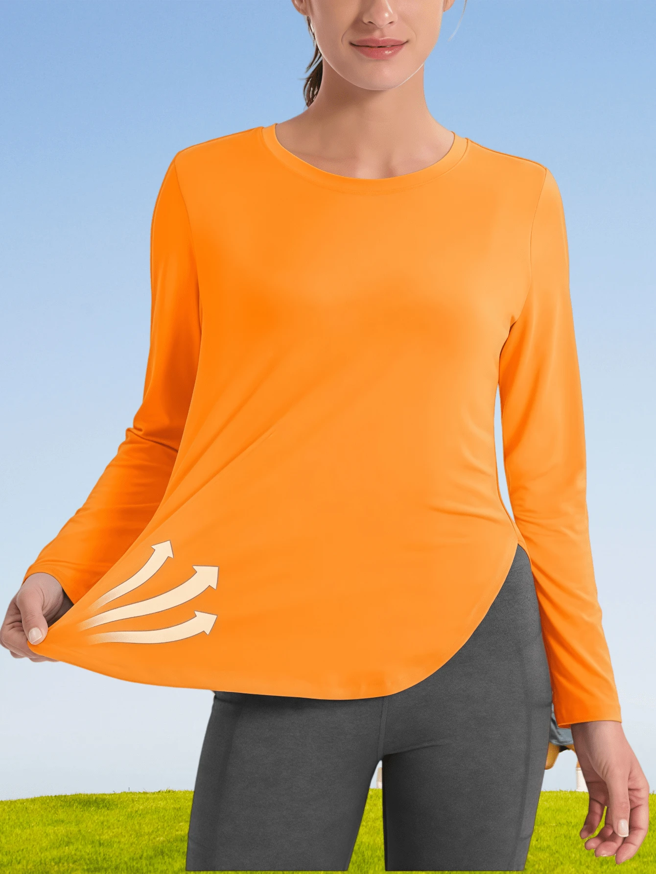 Top de sport léger à manches longues pour femme, chemise respirante de randonnée et de plein air contre le soleil pour le printemps/été - Orange brûlé - Voir 1