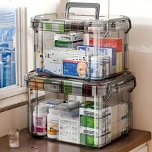 大容量双层透明PVC药品收纳盒 - 取用方便，适合居家及旅行，无需电源，轻巧便携，磨砂表面，可放置于台面，独立设计，容量小于3.2立方英尺，最大高度27英寸，防水，翻盖式封口，多用途收纳盒 - 灰色 - 查看 11