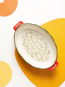 Assadeira oval de cerâmica com alça, design floral vintage vermelho, para cozinha, salada, grelhados, assados, sobremesas, pizza - pode ir ao forno e micro-ondas