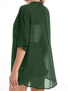 Solid Color Chiffon Blouse Long Women Summer Vacation Beach Cover Up Open Front Lightweight Shawl Top - Olive Green - View 2