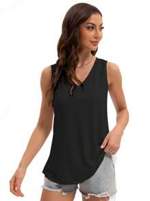 KAHULE Womens V Neck Summer Loose Fit Flowy Sleeveless Shirts Casual Tank Tops - màu đen - Xem 3