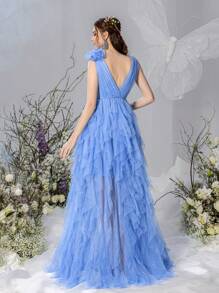 Maternity Plunging Neck Sleeveless Mesh Overlay Photography Dress - Blue - View 3