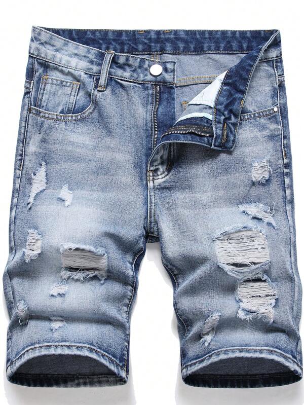 Teen Boy Shiny Steel Blue Cat Whisker Distressed Slim Straight Denim Shorts