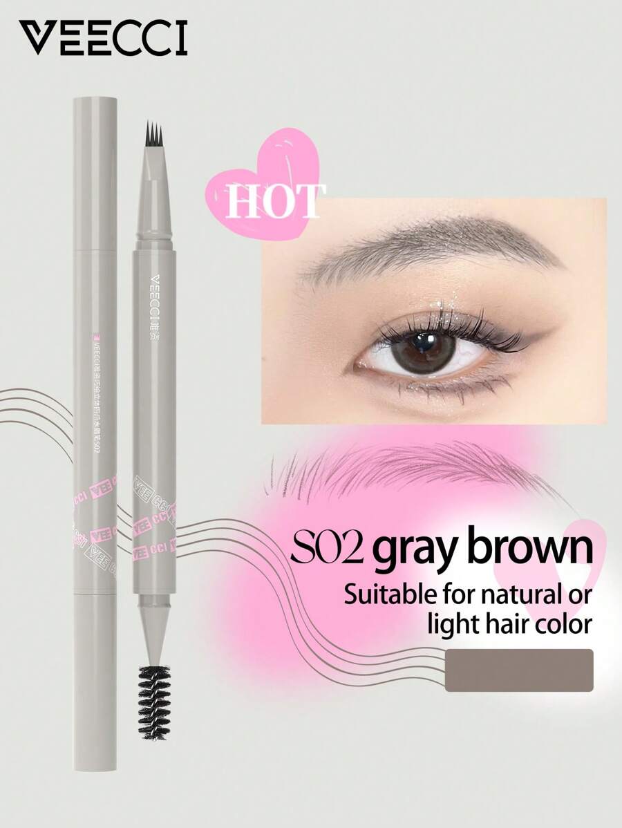 VEECCI Pensil Alis Cair Tiga Dimensi Empat Cakar, Tahan Lama, Tahan Air & Warna Tidak Luntur - S02 abu-abu coklat - View 1
