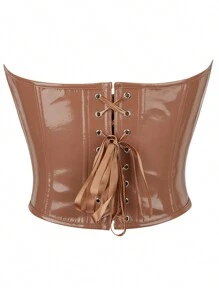 Tops cortos de mujer con corsé de cuero de unicolor, con cordones en la espalda, con huesos de pescado y dobladillo curvo - marrón café - Ver 4