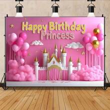 1pc Elegant Princess Theme Photography Backdrop, Polyester Pink Castle Fairy Tale Background Cloth, Professional Photography Prop, Suitable For Birthday, Fantasy Parties And Dreamlike Celebrations - Black - View 5