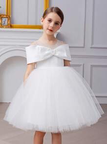 Young Girl Floral 3D Bow Tulle White Dress, Elegant Princess Dress Suitable For Girls Birthday, Party, Wedding, Festival Celebration, Flower Girl Gown - White - View 6