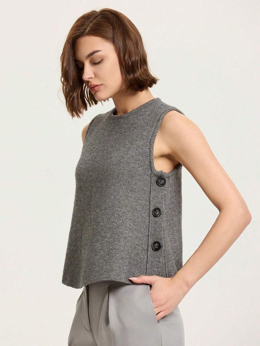 Crew Neck Sleeveless Sweater With Side Button Accent - Grey - View 1