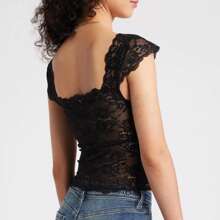Women Summer Lace Tops Cap Sleeve Square Neck Slim Fit Crop Top T-Shirt - màu đen - Xem 3