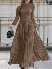 ZANZEA Fashion Women Round Neck High Waist Pleated Loose Swing Holiday Party Maxi Long Dress - Màu Khaki - Xem 1