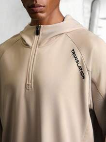 男士休闲连帽拉链百搭拼布华夫格面料柔软小印花设计运动衫上衣，春季 - 卡其色 - 查看 4