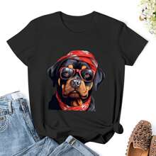 Women Christmas Rottweiler T Shirts Shirt Short Sleeves T Shirt Casual T Shirts Novelty Shirt Graphic Tees Clothes Top - Black - View 1