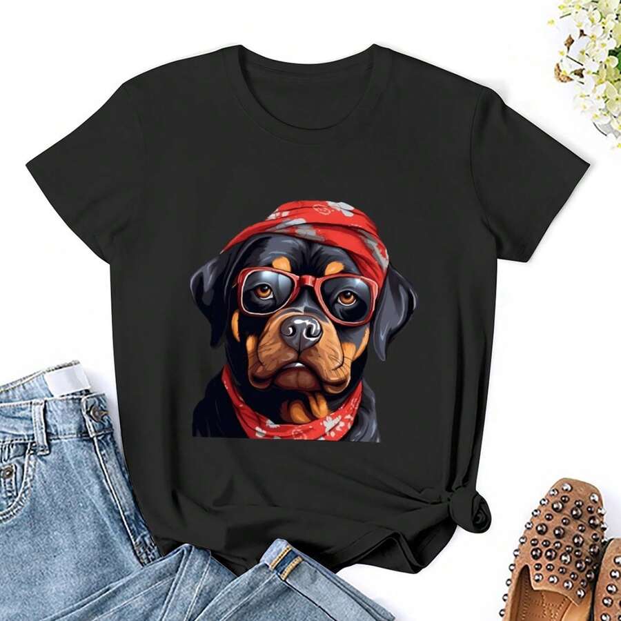 Women Christmas Rottweiler T Shirts Shirt Short Sleeves T Shirt Casual T Shirts Novelty Shirt Graphic Tees Clothes Top - Black - View 1