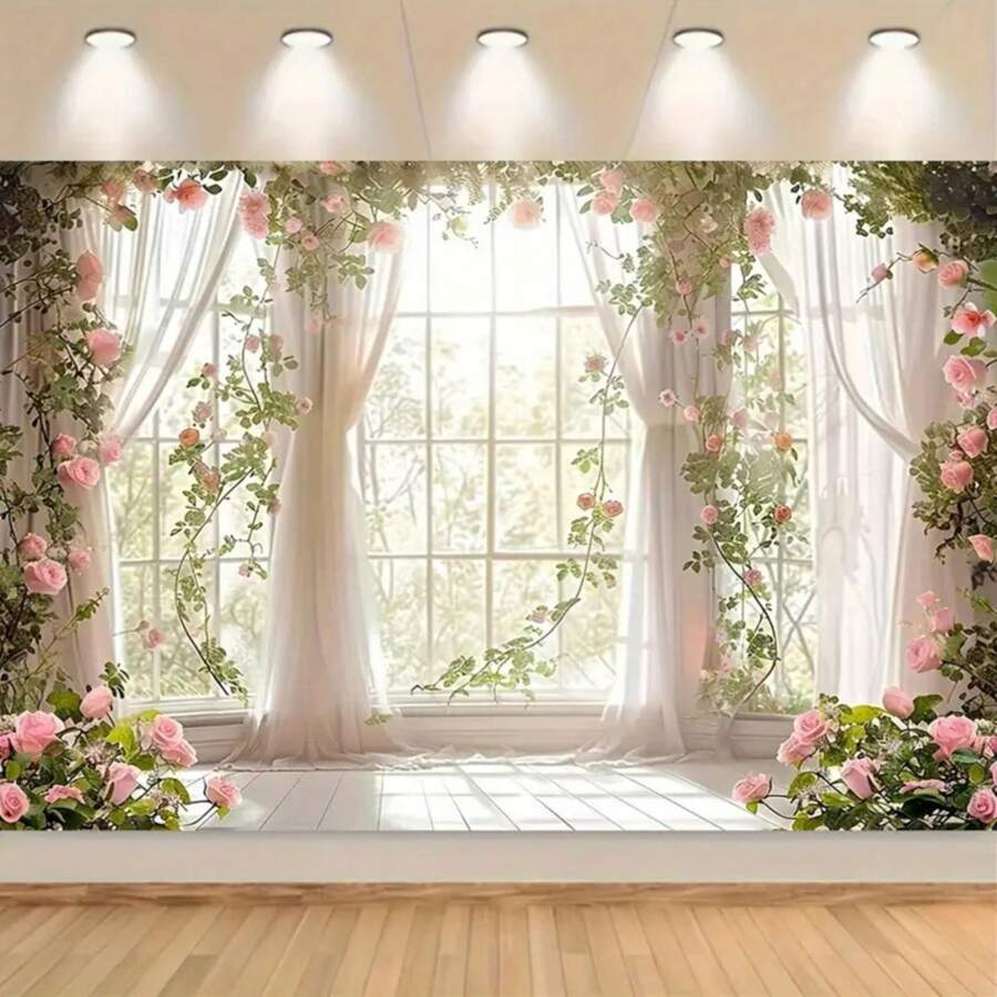 1 pieza Elegante fondo fotografía con ventana de castillo y flores, adecuado para bodas y eventos especiales, disponible en varios tamaños, decoración universal para días festivos, sin necesidad de electricidad - Blanco - Ver 1