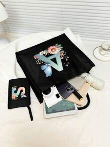 Color Gradient Butterfly Flower Letter A-Z Pattern Tote And Cosmetic Bag Set, Casual Style, Fabric Structure - Black - View 5