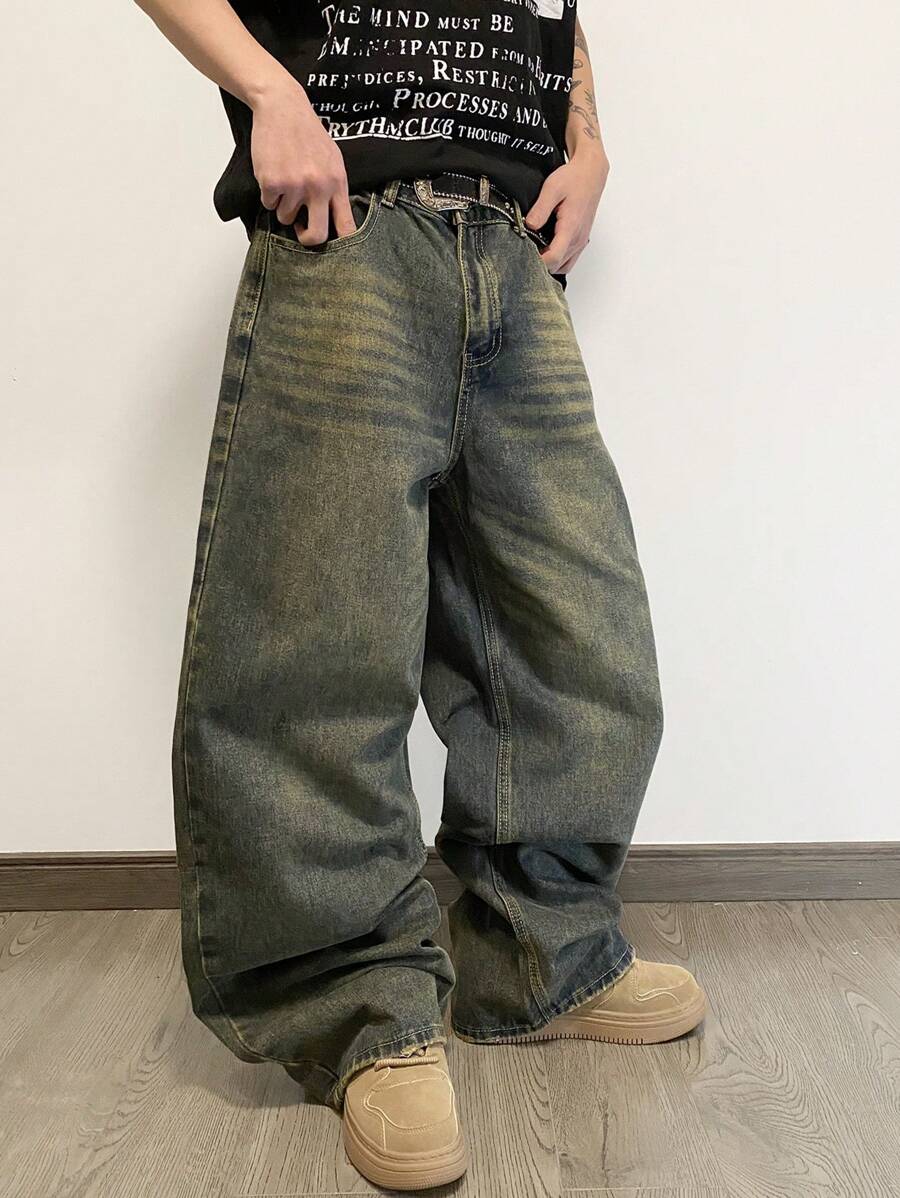 1pc Hearty Haven Loose Casual Fashion Versatile Street Style Wide Leg Straight Leg Jeans - Dusty Blue - View 1