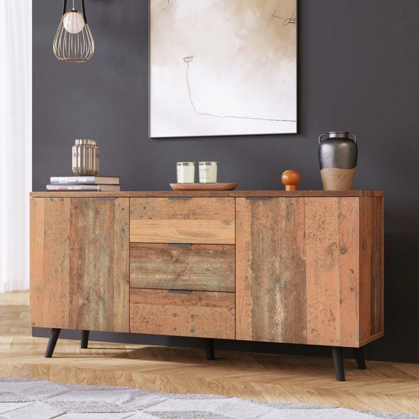 Madia TV con ripiani regolabili, comò, armadio verticale, mobile di stoccaggio, tre cassetti, per soggiorno, sala da pranzo, camera da letto, stile vintage, marrone, 140cm