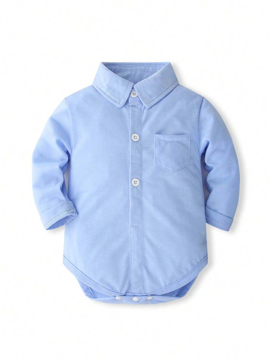 KIMOCAT Baby Boy Solid Color Long Sleeve Bodysuit, Autumn/Spring - Blue - View 1