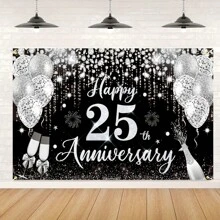 1 pièce Décorations pour 25e anniversaire de mariage, Bannière noire et argentée Joyeux 25e anniversaire 180 cm x 110 cm/70,8 po x 43,3 po, Toile de fond pour photographie de 25e anniversaire, Convient pour fournitures de fête du 25e anniversaire de mariage argent