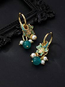 1 对复古奢华高端珐琅 3D 蝴蝶和串珠珍珠耳环，适合女士，适合旗袍和 A 字裙，母亲节礼物 - 淺藍色 - 查看 1