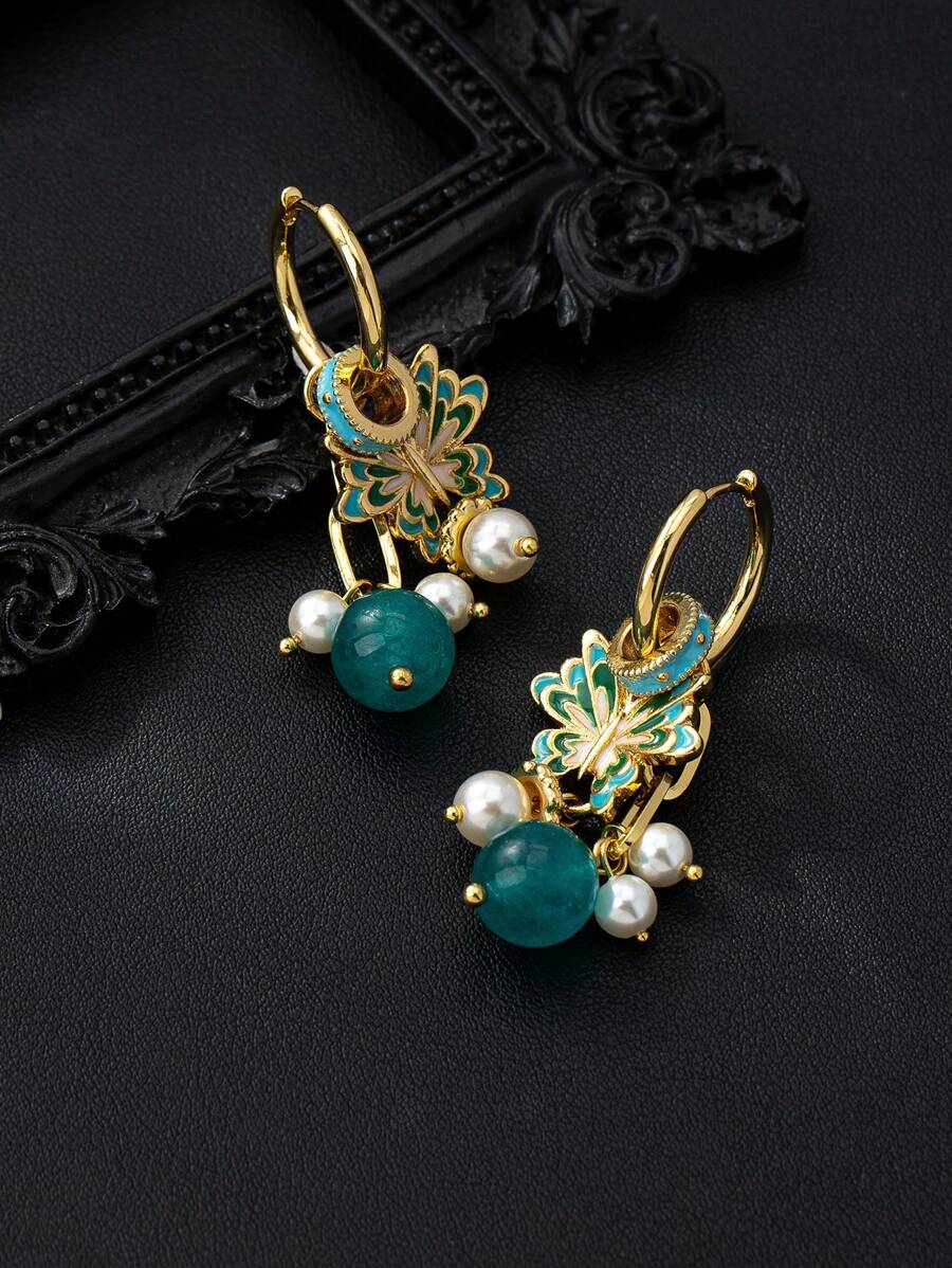 1 对复古奢华高端珐琅 3D 蝴蝶和串珠珍珠耳环，适合女士，适合旗袍和 A 字裙，母亲节礼物 - 淺藍色 - 查看 1