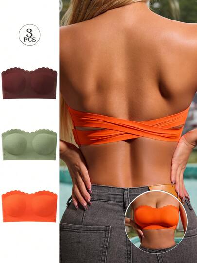 3pcs Set Women's Backless Strapless Lingerie Bras, Seamless Slip-Proof Gathering Tube Top Lingerie Bras, Thin & Wireless, Adult Elegant Sexy Lingerie Brassiere